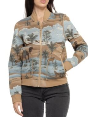 Greyson Lightweight Desert Print Bomber Jacket - Tan & Blue Sz M